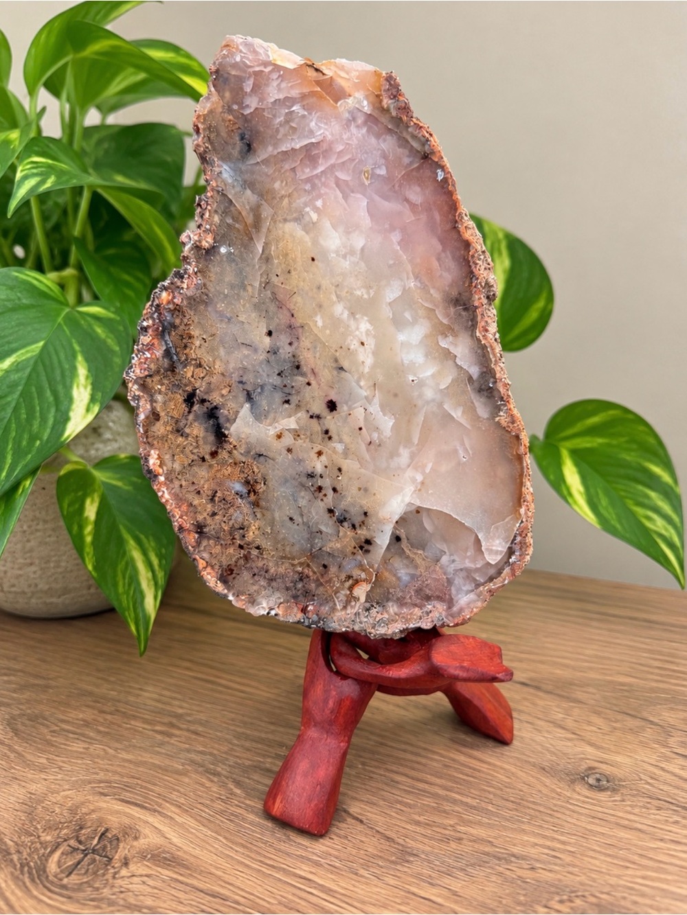 Large Natural Agate & Chalcedony Display Specimen | Wood Stand